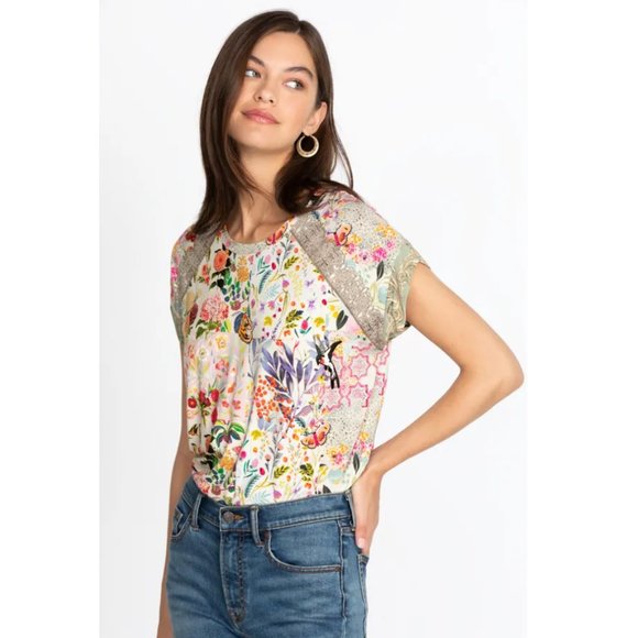 Johnny Was Short Sleeve Floral Flower Pink Filomena Beige Shirt Tee Top XXL New - Picture 3 of 5
